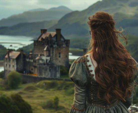 AI image of a young queen admiring the eilean donan castle in the Scottish highlands. 