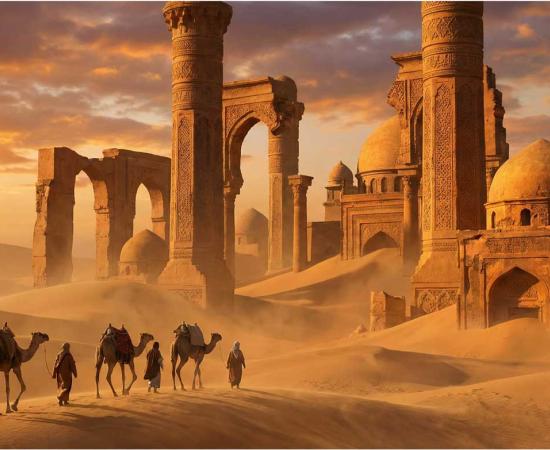 A dramatic artistic rendering showing massive ornate pillars and a caravan approaching ruins. This directly visualizes the "Iram of the Pillars" concept with spectacular lighting and scale. 