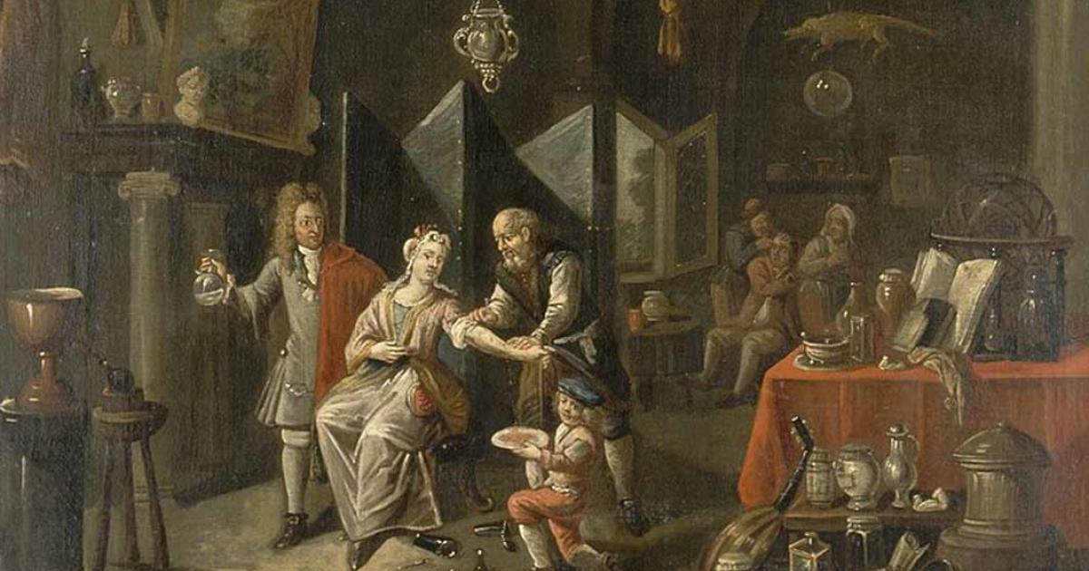A surgeon letting blood from a woman's arm, and a physician by a Flemish painter (18th century) (Wellcome Images / CC BY-SA 4.0)