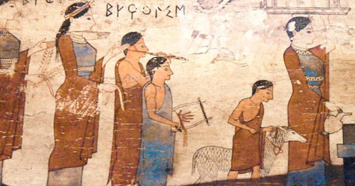 Sacrifice of a lamb on a Pitsa Panel, Corinth, 540–530 BC (Public Domain)