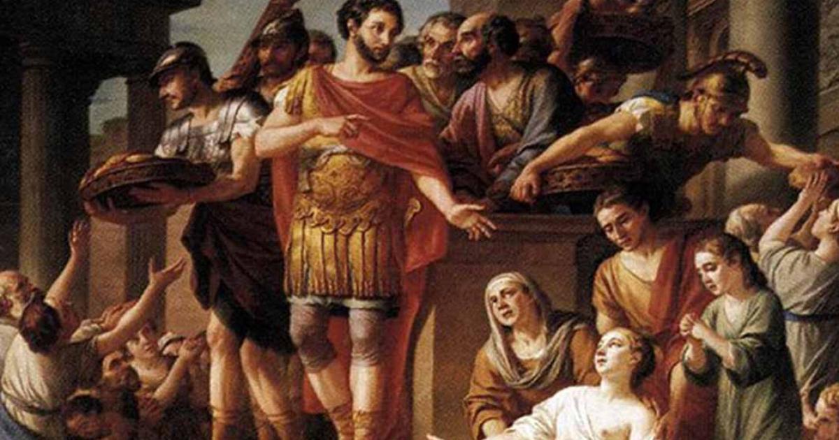 Marcus Aurelius Distributing Bread to the People, by Joseph-Marie Vien  (1765) Musée de Picardie (Public Domain)