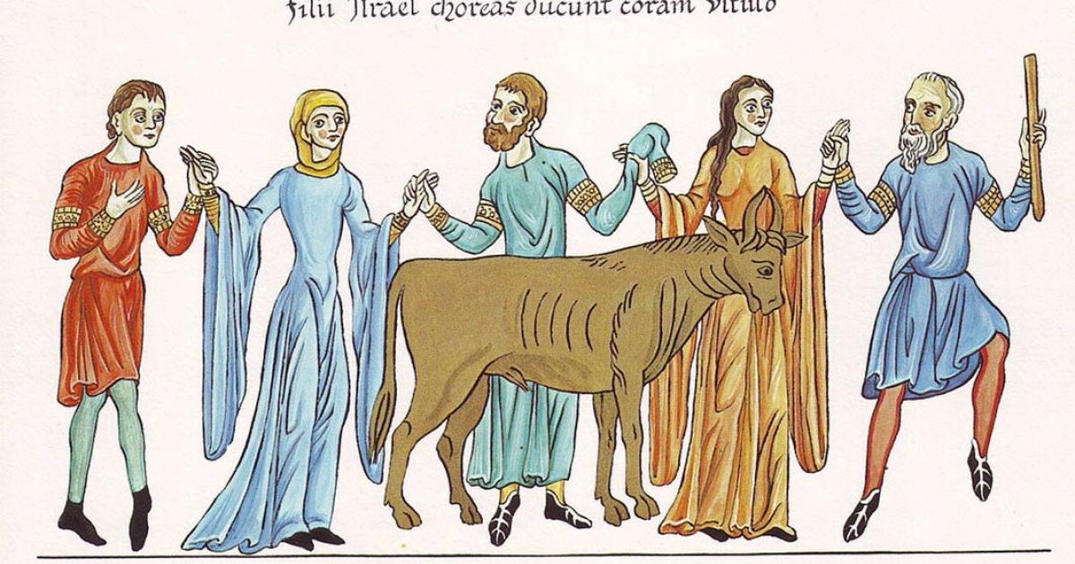 The Adoration of the Golden Calf – Picture from the Hortus deliciarum of Herrad of Landsberg (12th century) (Public Domain)