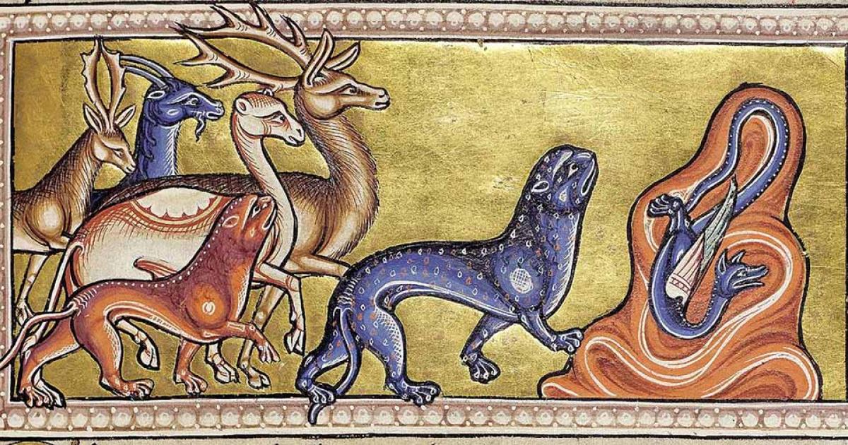 Deer, antelope and predators. Aberdeen Bestiary (12th century) (Public Domain)