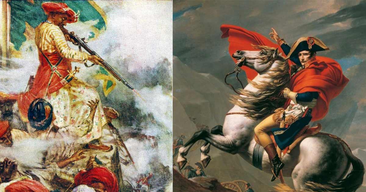 Napoleon Crossing the Alps. Oil on canvas by Jacques-Louis David, (1801 and 1805). Unteres Belvedere (Public Domain) and Tipu Sultan, known as the Tiger of Mysore, firing at his adversaries during the siege of Seringapatam, (1791). (Public Domain); Deriv. Design by Anand N. Balaji
