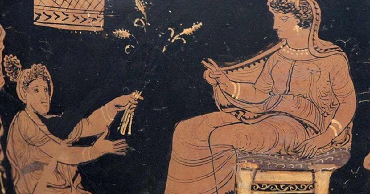 Demeter (left) handing ears of wheat to Metanire, the queen of Eleusis (Public Domain)