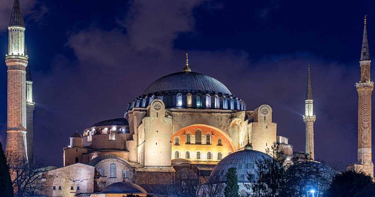 Night Time over Hagia Sophia or Hagia Sophia Church of the Holy Wisdom in Istanbul, Turkey