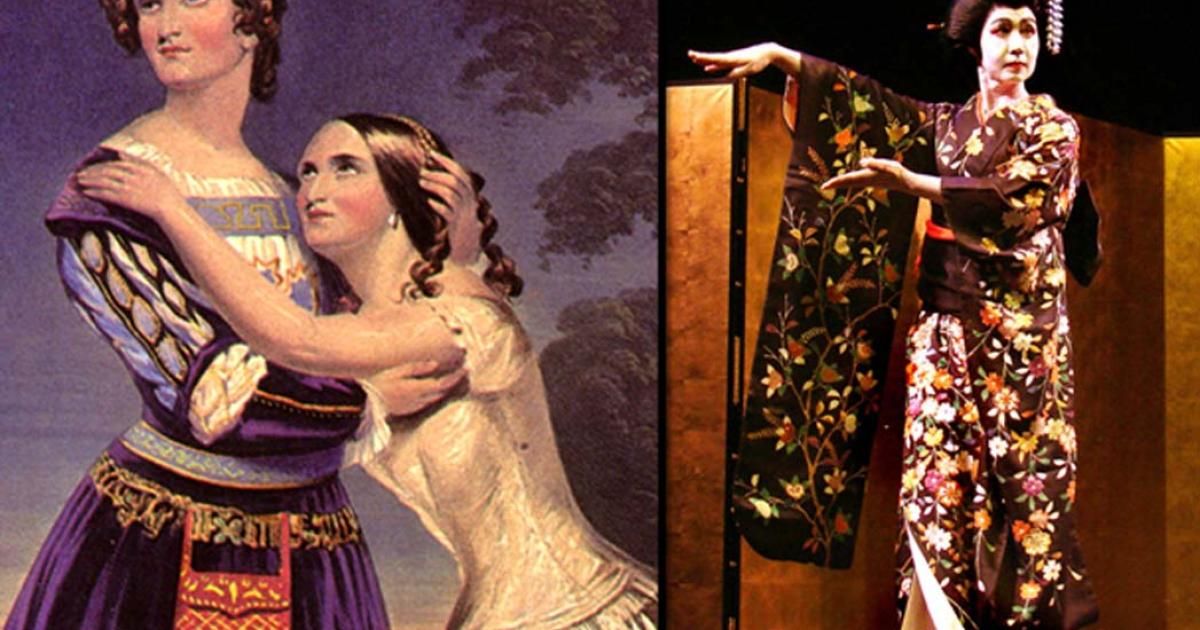 Left, Sisters Charlotte and Susan Cushman in Shakespeare's Romeo and Juliet in 1846 (Public Domain); Right, Male Kabuki actor in Japan (CC BY 2.0)