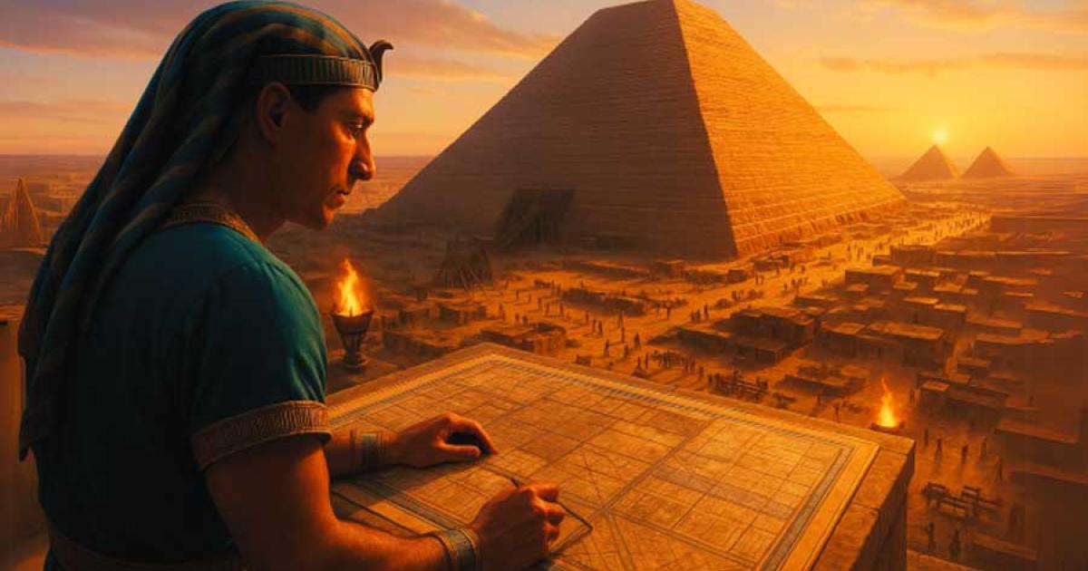 Artistic visualization of a pharaoh supervising pyramid construction