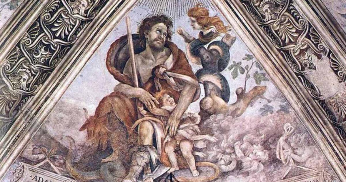 Adam clutches a child in the presence of the child-snatcher Lilith, by Filippino Lippi (1502) Basilica of Santa Maria Novella, Florence (Public Domain)