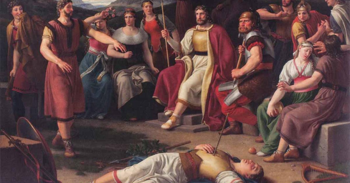 Baldr’s death by Odin is sitting in the middle of the Æsir by Christoffer Wilhelm Eckerberg. Yggdrasil and the three Norns can be seen in the background. (1817) Charlottenborg Palace (Public Domain)