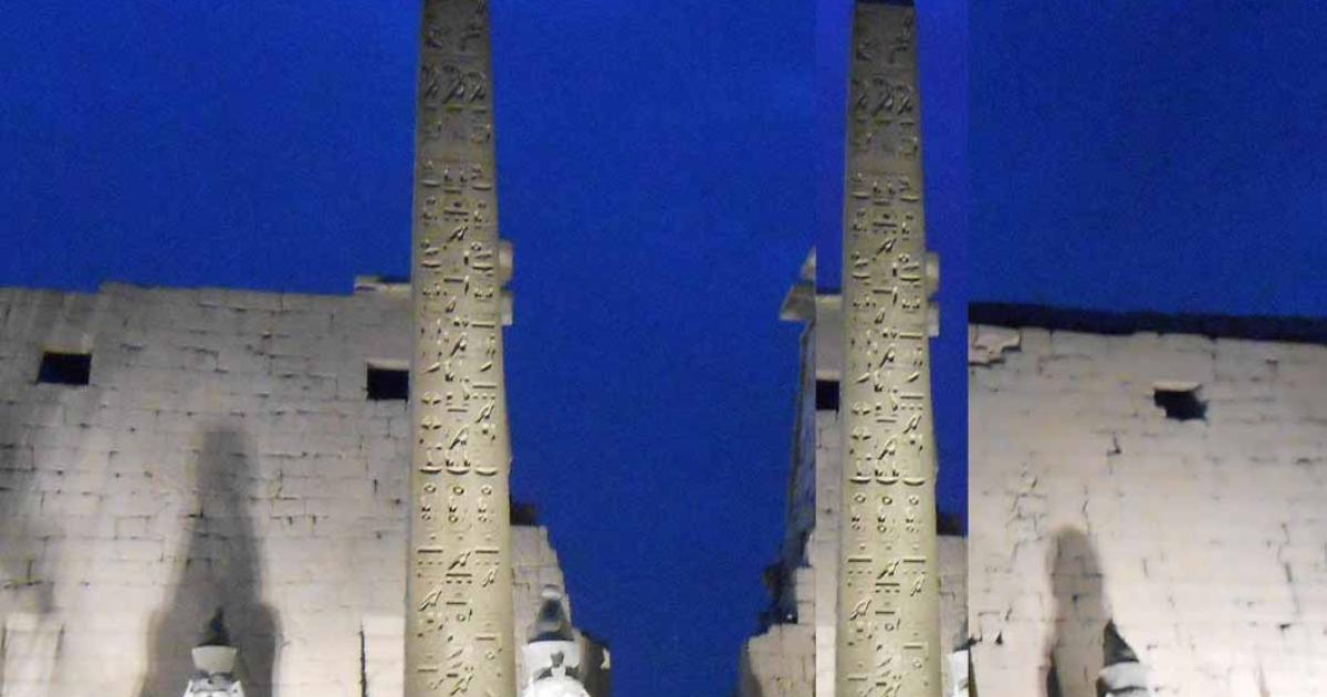 Photoshopped image of what twin obelisks at the entrance to the Luxor Temple would have looked like. (Image © Donald B Carroll)