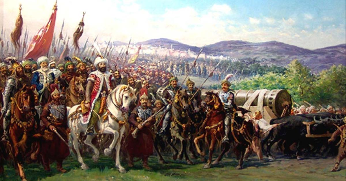 Modern painting of Mehmed and the Ottoman Army approaching Constantinople with a giant bombard, by Fausto Zonaro