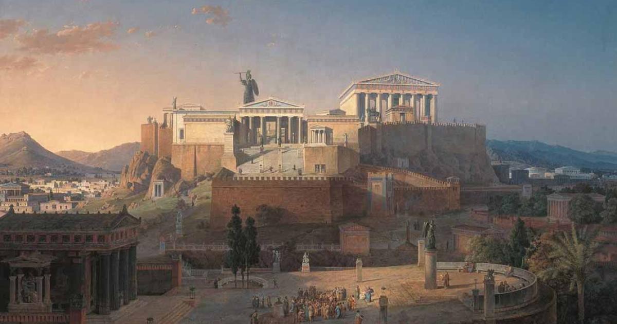 Idealized reconstruction of the Areopagus, the Athenian governing council, later restricted to the Athenian judicial council or court (front) and the Acropolis, commissioned by Pericles in the background with Athena, by Leo von Klenze (1846) (Public Domain)