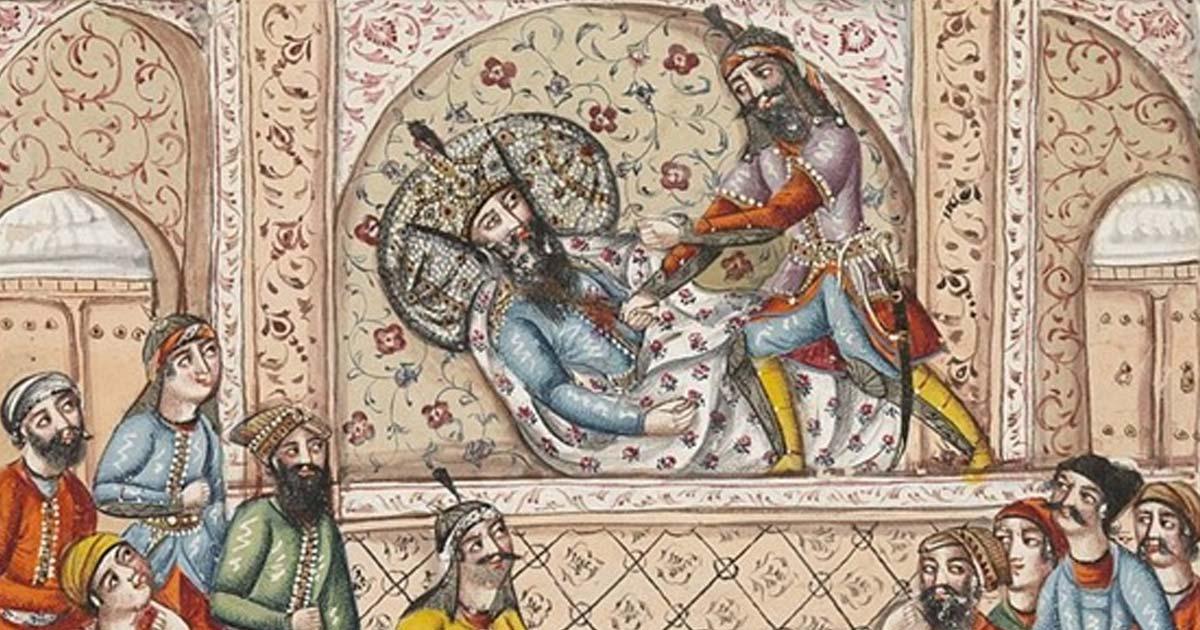 Scene from the Shahnameh. Afrasiyab (standing figure) executes Nauzar (lying down), while two groups look on.