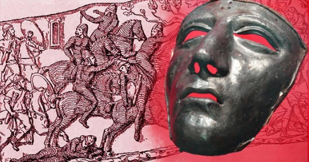 Deriv; face mask for Roman cavalry helmet, first century AD and battle scene featuring Parthian horsemen in armor, and Roman riders. 