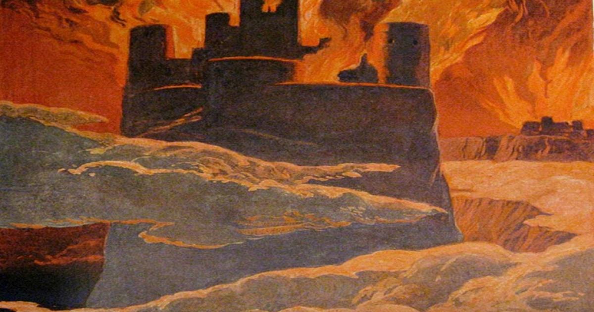 A scene from the last phase of Ragnarök, after Surtr has engulfed the world with fire (by Emil Doepler, 1905) 