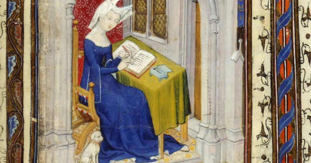 An illustration of Christine de Pizan writing in her study, from The Book of the Queen (Harley MS 4431, f. 4r) (Image source: The British Library/ Public Domain) 