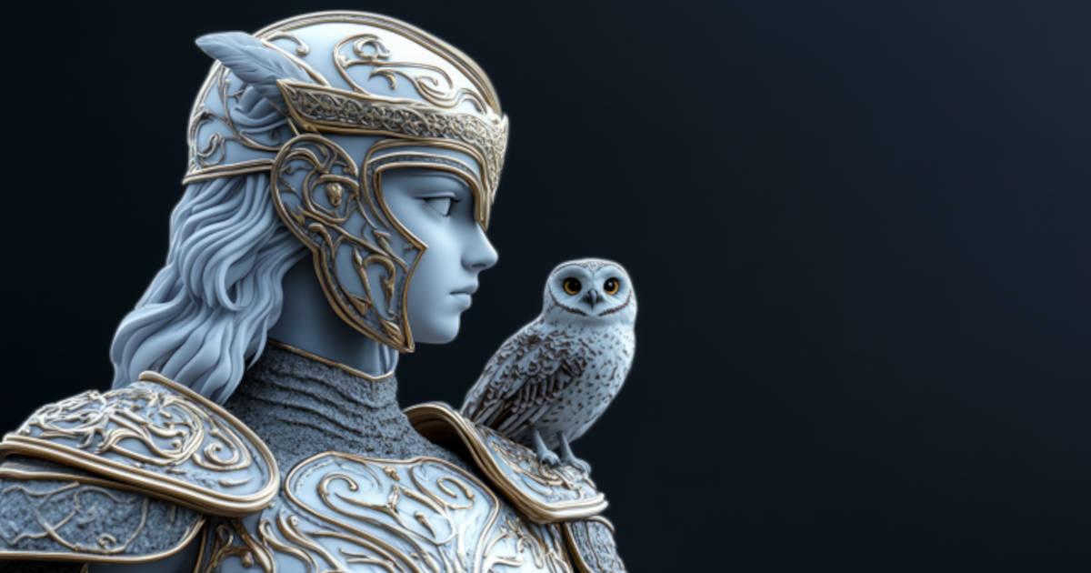 Sacred Animals in antiquity. AI image of Athena, Greek Goddess of Wisdom, captured in a side profile with an owl perched on her shoulder, symbolizing wisdom and strategic warfare. 