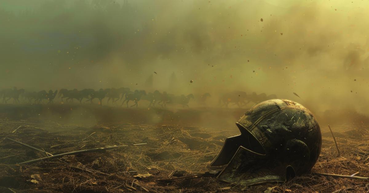 AI image of Spartan helmet in the mud after battle.