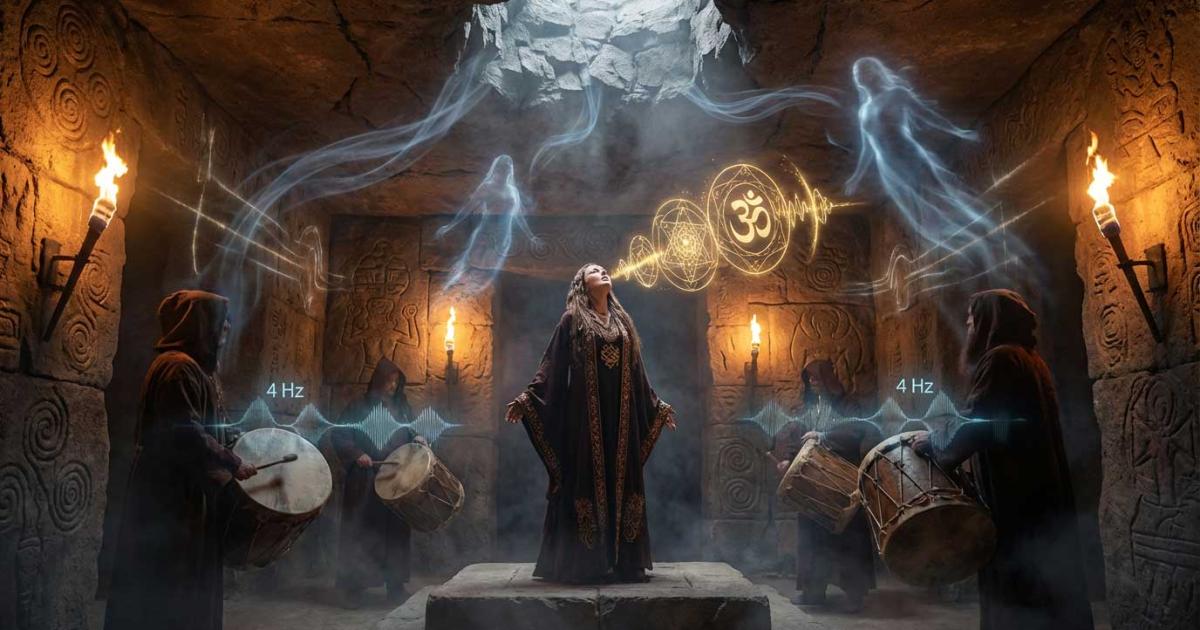 A concept of a mystical ancient ritual scene in an underground stone chamber. 