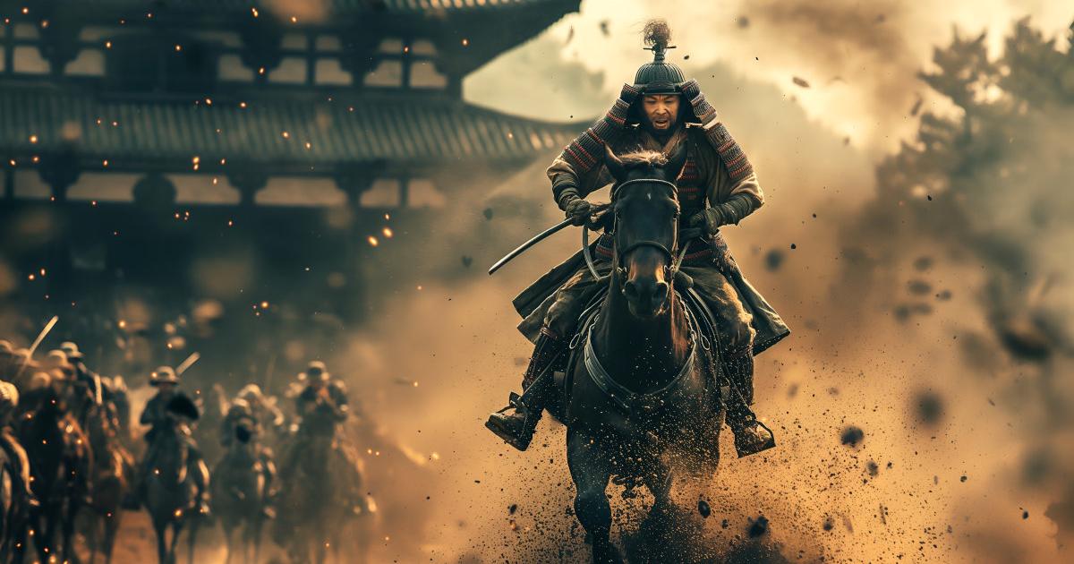 AI image of Japanese samurai riding a horse in battle. 