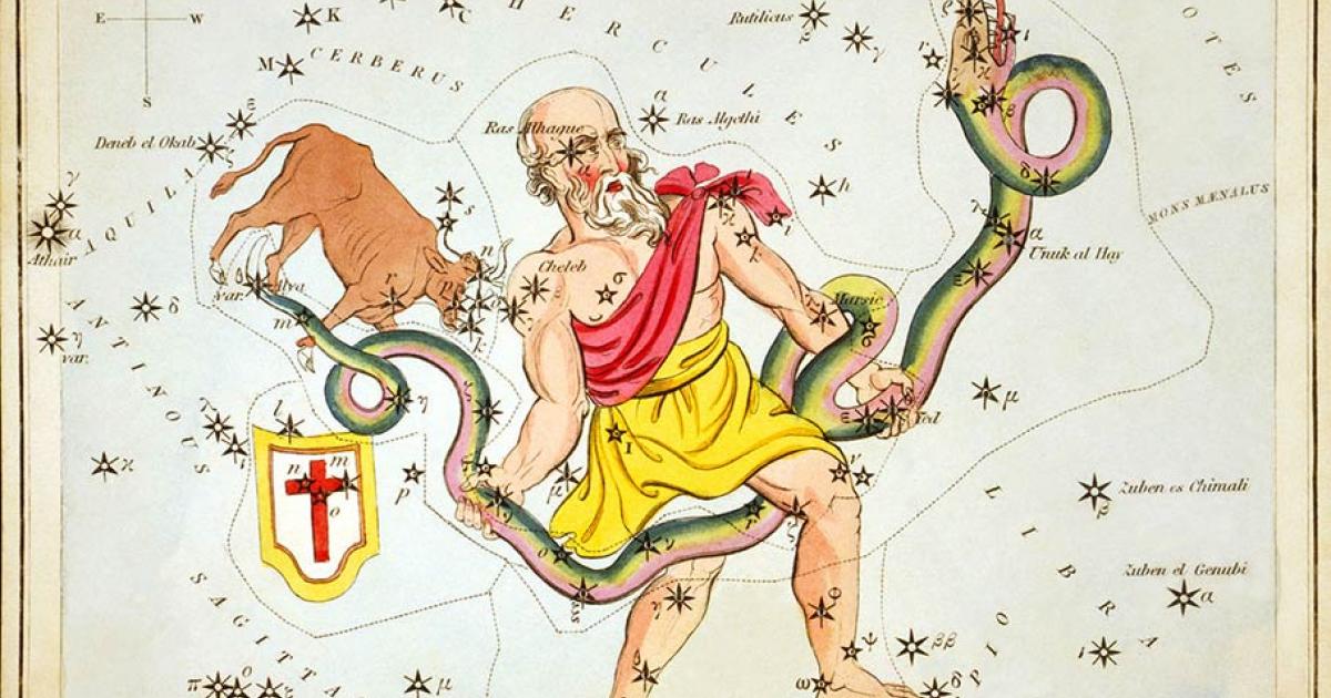 Ophiuchus, the 13th zodiac sign, as depicted in Urania’s Mirror, a set of constellation cards published in London c. 1825.	Source: Sidney Hall / Public domain