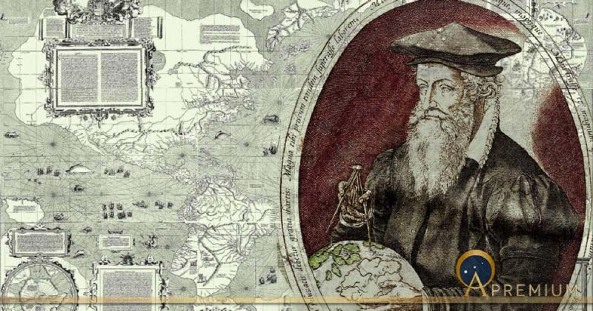 Mercator world map Public Domain and Gerardus Mercator of Rupelmonde at the age of 62 by Frans Hogenburg (1574) (Public Domain)