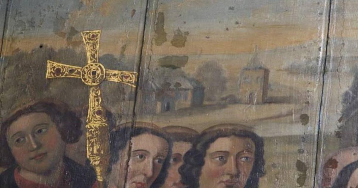 16th century painting of Wilfred receiving a charter from King Cædwalla.	Source: Chichester Cathedral/UCL