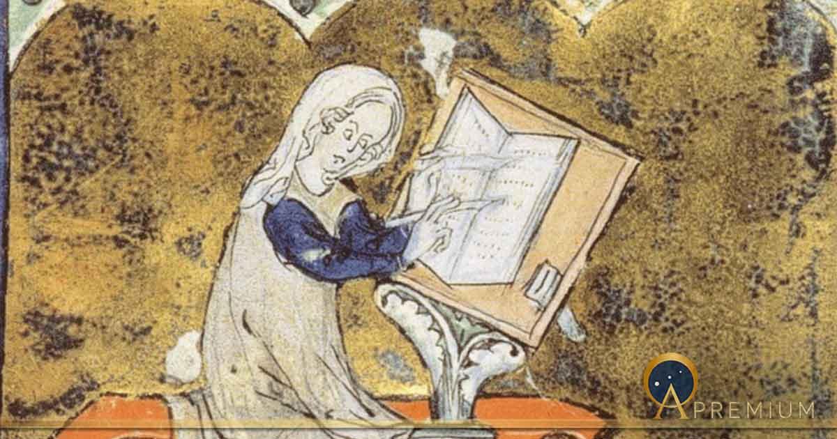 Marie de France from an illuminated manuscript (Public Domain)
