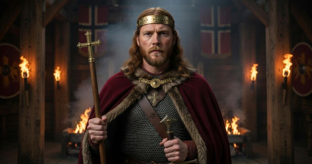 King Olaf the Holy stands powerfully in a dimly lit Viking longhouse hall. He wears a simple golden circlet crown with crosses, a deep red fur-lined cloak over chainmail, and holds a large processional cross in one hand and a sword in the other.