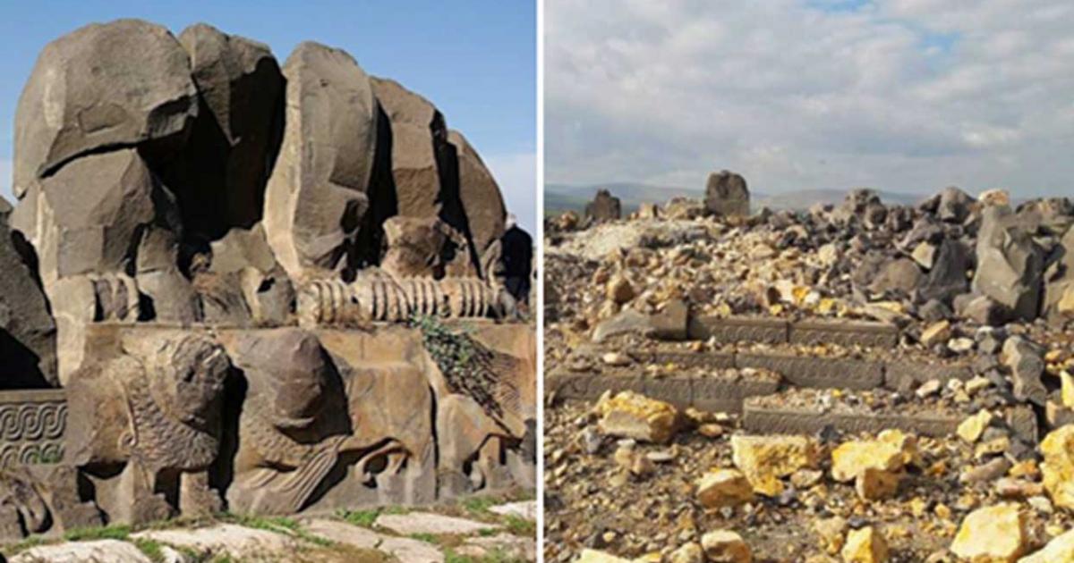 Left: The temple of Ain Dara before. Right: The temple after its recent destruction.