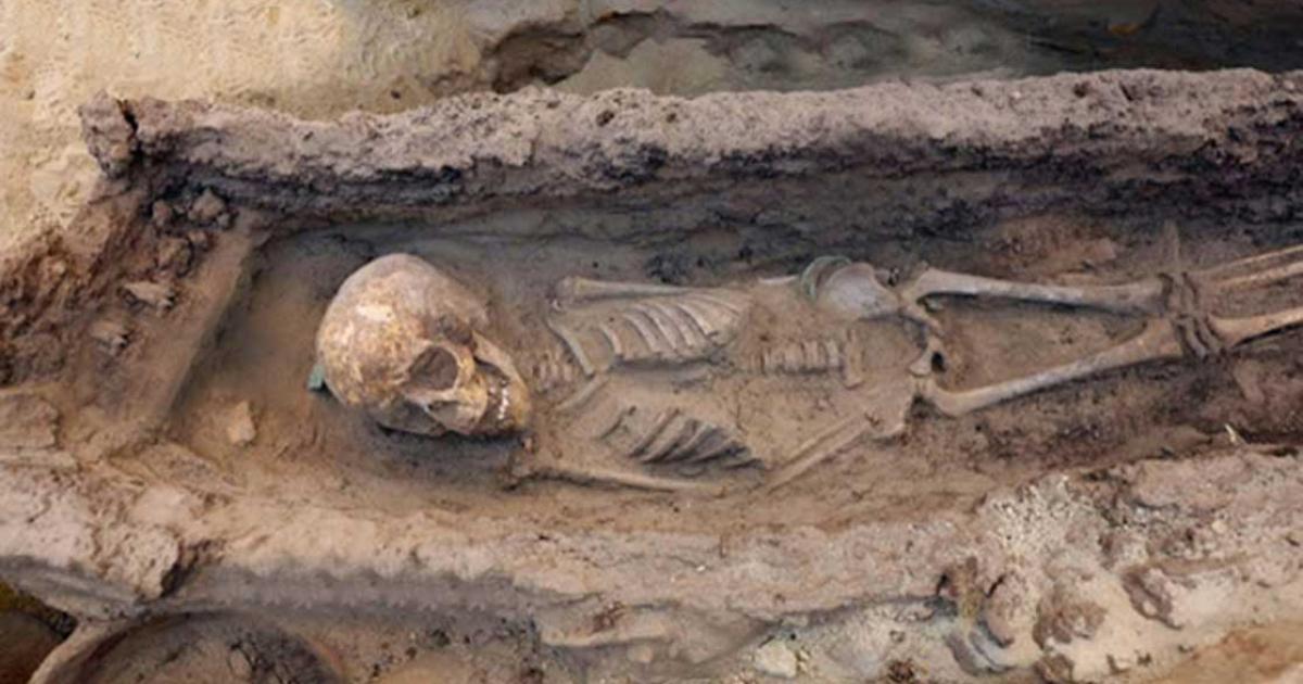 The skeleton of a child between the age of 6 and 9 found with various grave goods.