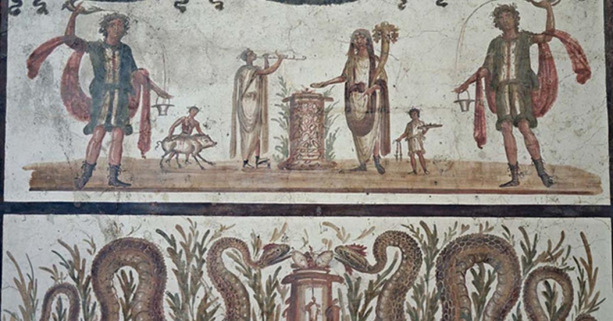 Fresco depicting two lares pouring wine from a drinking horn (rhyton) into a bucket (situla), they stand on either side of a scene of sacrifice, beneath a pair of serpents bringers of prosperity and abondance, Pompeii, Naples Archaeological Museum