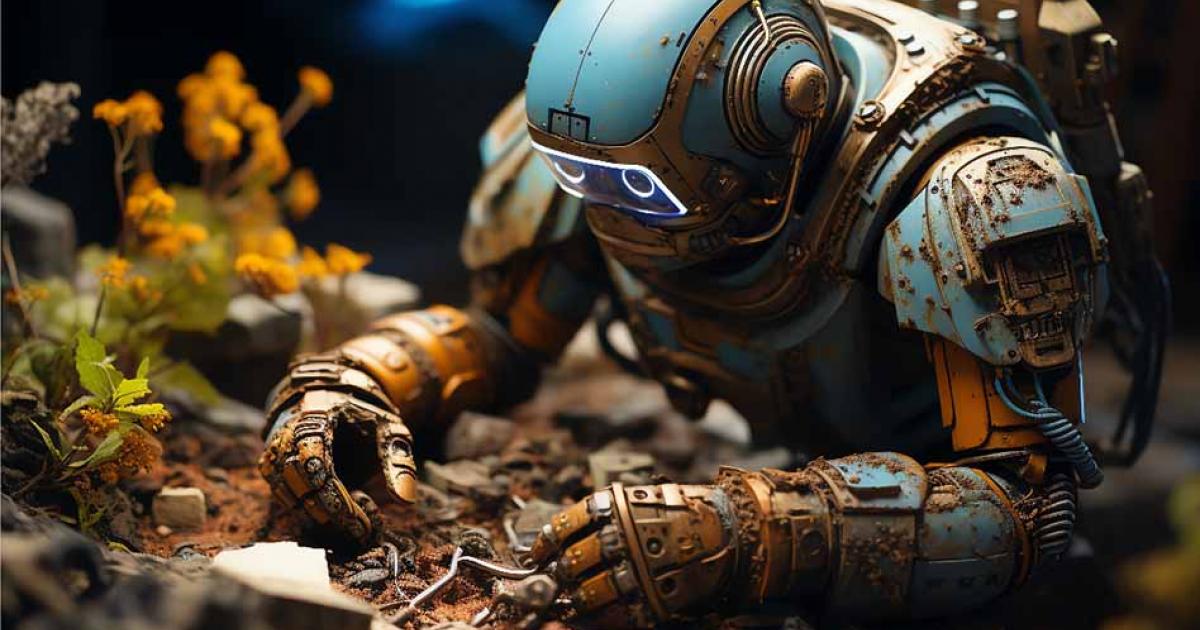 AI robot as an archaeologist, uncovering an ancient artifact.  Source: Hatia/Adobe Stock        