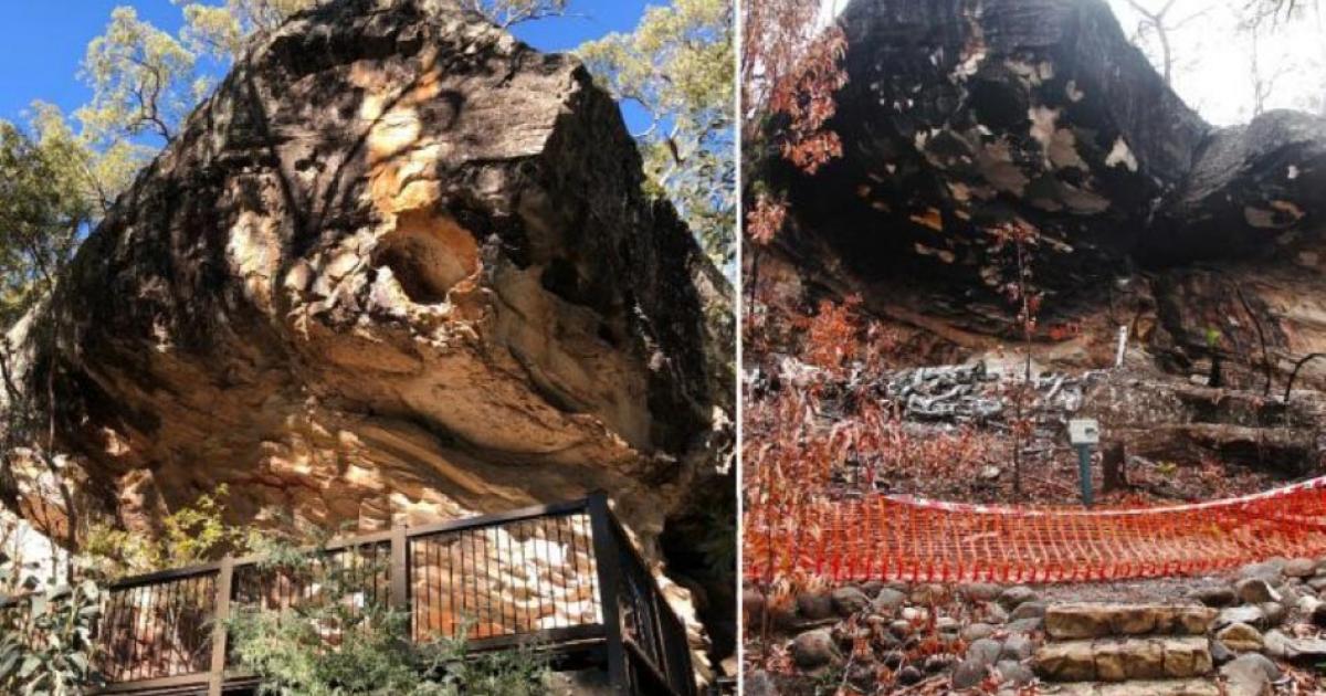 Baloon Cave, before (left) and after (right) the 2018 explosion that destroyed ancient Aboriginal rock art. Source: Paul Tacon (after) / Selina Goodreid (Before)