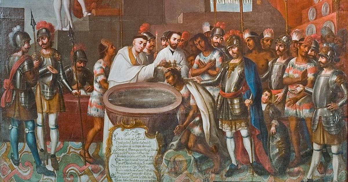 Part of ‘The Baptism of Ixtlilxóchitl of Texcoco,’ painted by José Vivar y Valderrama in the 18th century. 