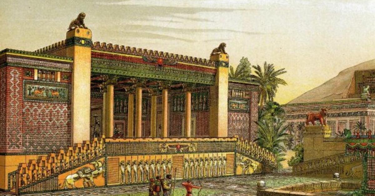 A panoramic view of the gardens and outside of the Palace of Darius I of Persia in Persepolis.