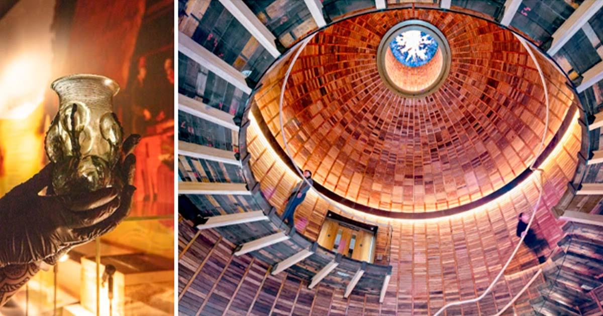 Left, The Castle Eden Claw beaker, courtesy of the British Museum. Right, The atrium roof at Ad Gefrin Anglo-Saxon Museum & Distillery. Source: Ad Gefrin