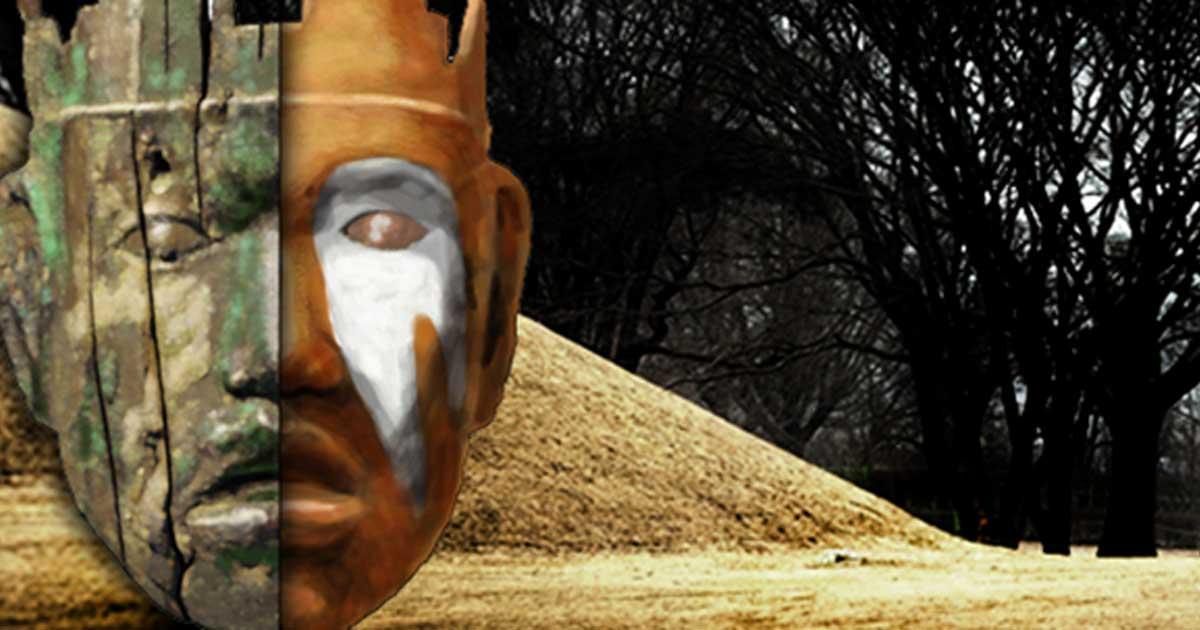 Illustration of the "Emmons mask", a Mississippian culture carved cedarwood human face shaped object once covered in copper and painted with galena and used as part of a headdress