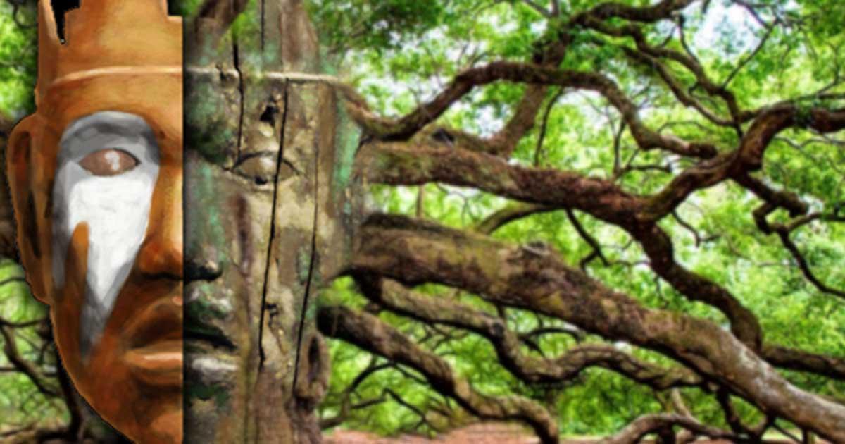  Illustration of the "Emmons mask", a Mississippian culture carved cedarwood human face shaped object once covered in copper and painted with galena and used as part of a headdress