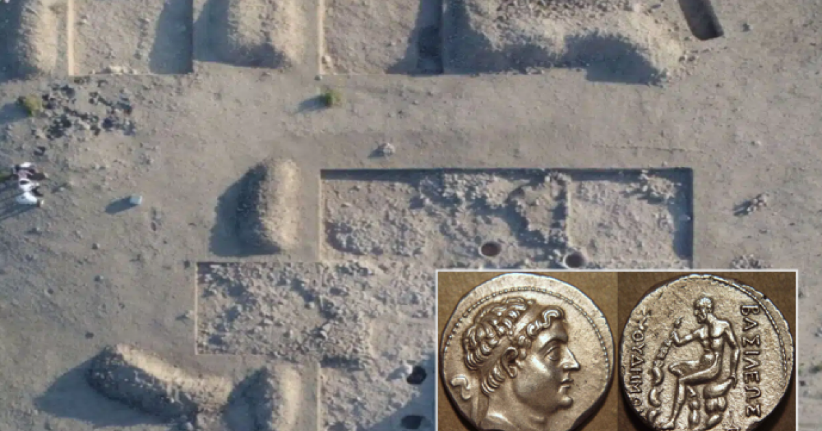 Aerial view of the excavation in the central part of Iskandar Tepa. Inset; Silver tetradrachm of Demetrius I Soter
