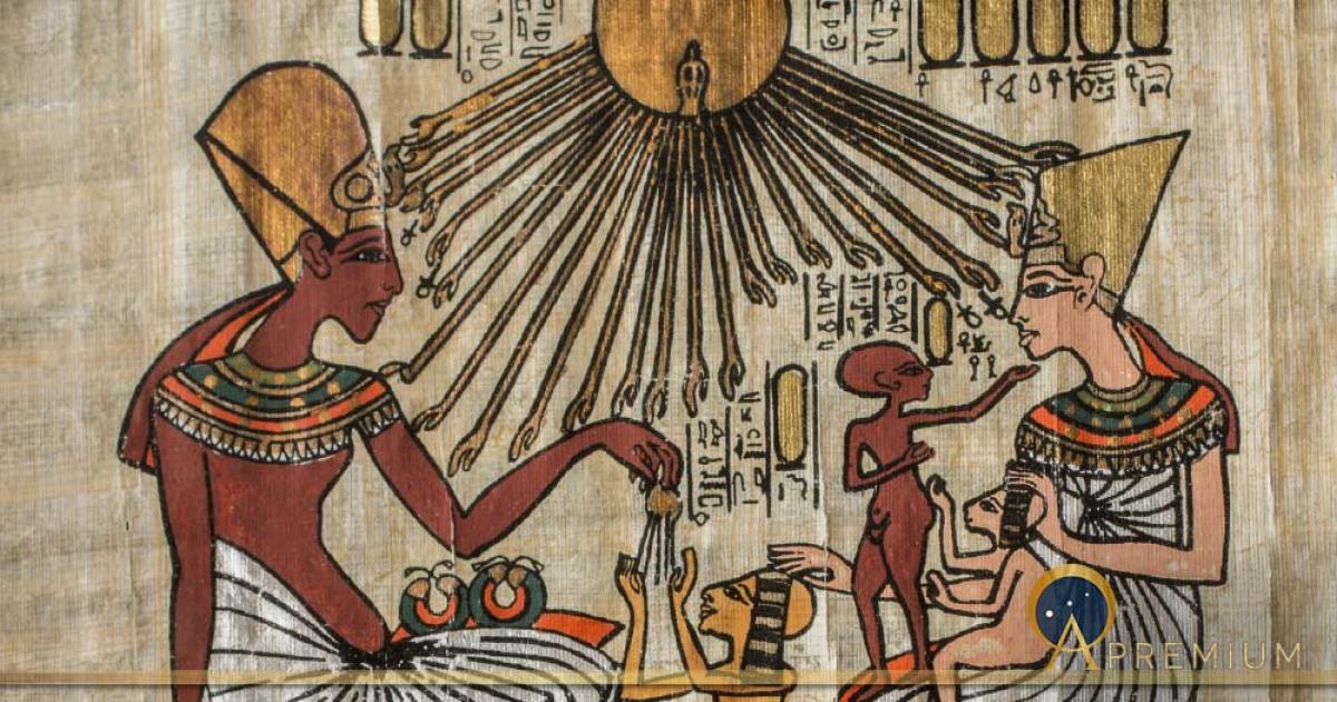 Depiction of parchment of Akhenaten and Nefertiti and their children with Aten shining on them as found on the Stela of Akhenaten and his family, Egyptian Museum, Cairo (ppicasso / Adobe Stock)