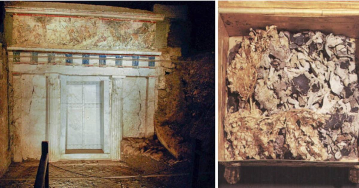 Left; Facade of Tomb II in Vergina, Greece.	Right; Bones and textile fragments from the tomb