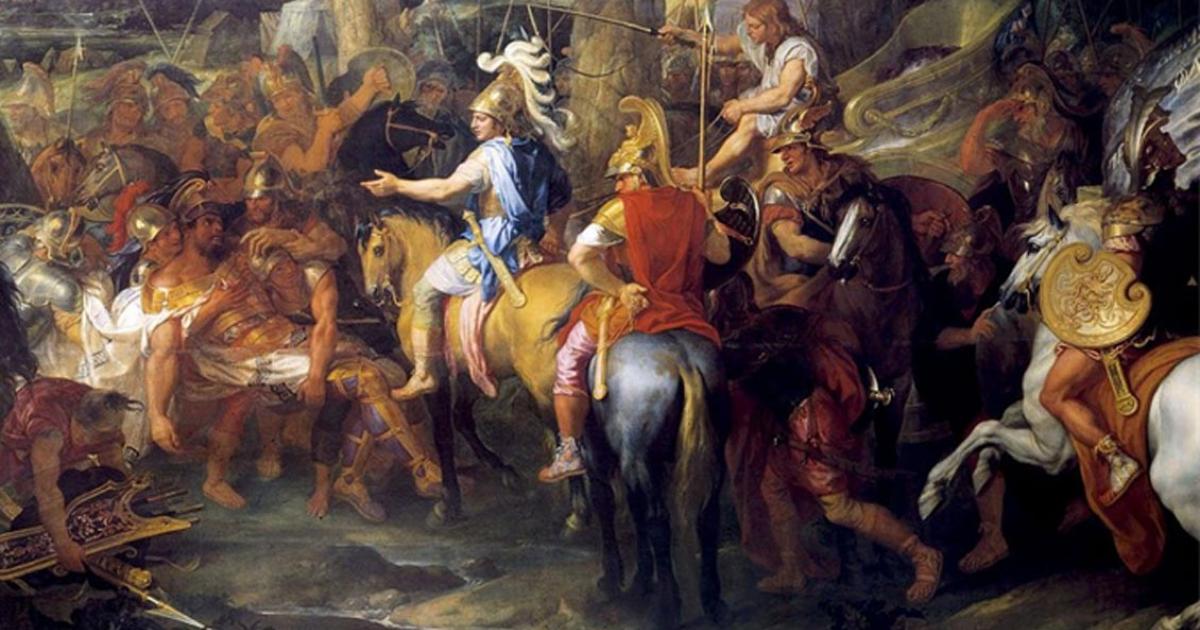 A painting by Charles Le Brun depicting Alexander and Hephaestion (in red cloak), facing Porus, during the Battle of the Hydaspes.