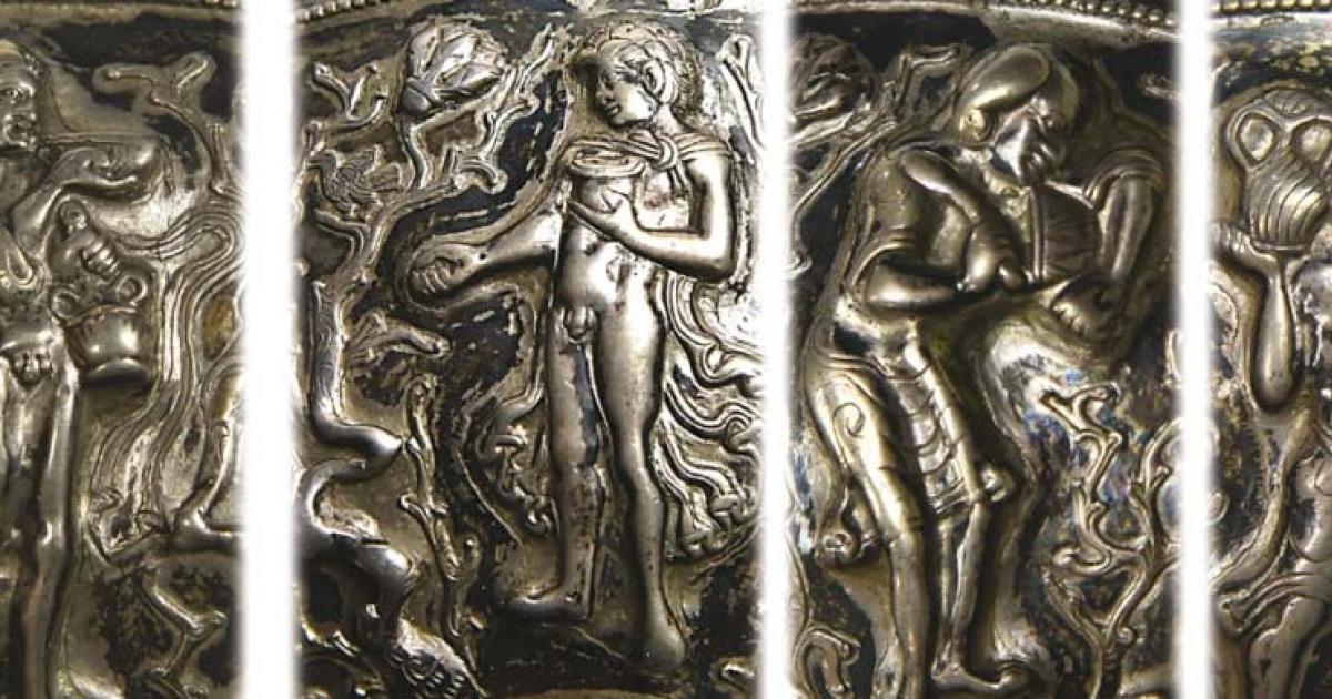Closeups of images of Alexander (the two leftmost figures), an Indian priest, and a servant shown on the silver Tibetan bowl that depicts Alexander legends with a Jewish “twist.” Source: Ancient Orient Museum, Tokyo