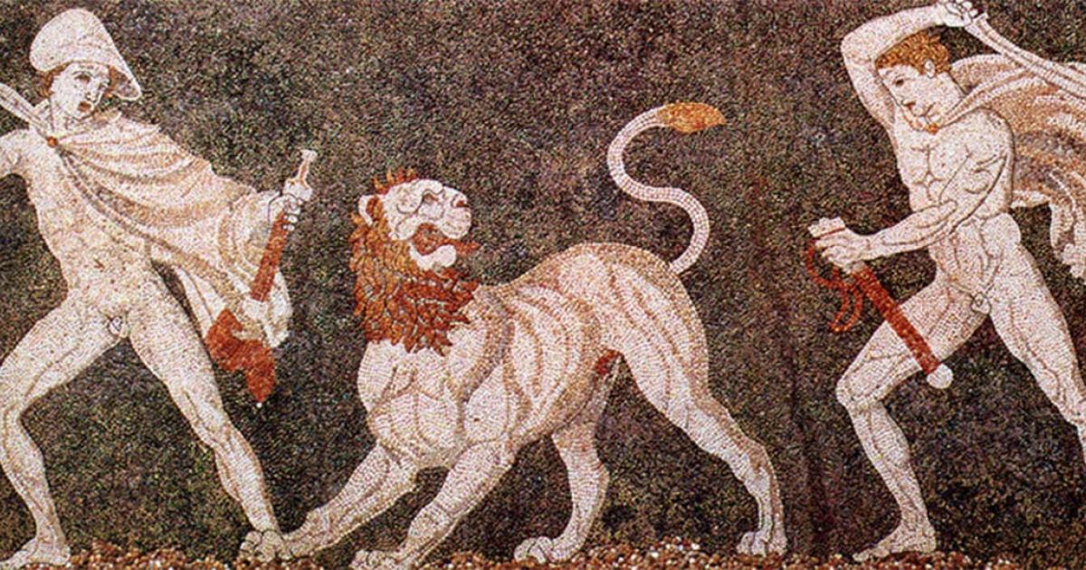 Lion hunt. Mosaic from Pella (ancient Macedonia), late 4th century BC, depicting Alexander the Great and Craterus. Housed in the Pella Museum. Image: Public Domain