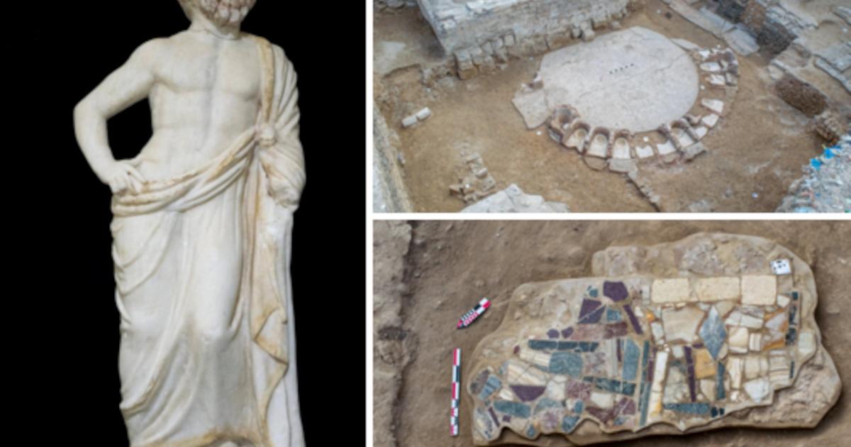Statue of Bacchus, public bath house and mosaic found beneath Alexandria, Egypt