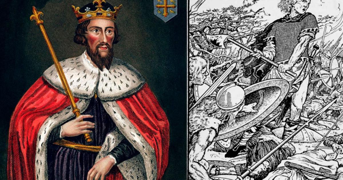 Left - Alfred the Great, painting in the Bodleian Gallery. Right - Alfred the Great at the Battle of Ashdown.