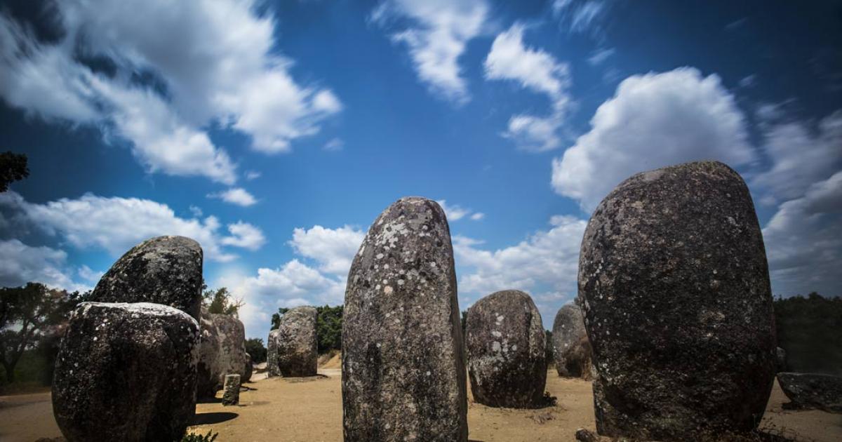 Almendres Cromlech megalithic site, Portugal.