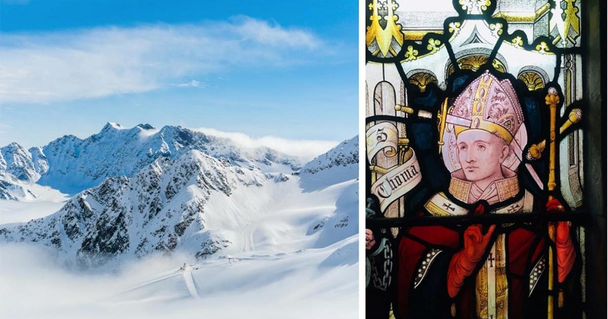 Left: representation of an alpine glacier. (ryszard filipowicz / Adobe stock). Right: 19th-century depiction of St Thomas Becket, showing a sword piercing his head. St Peter’s Church, Berkhamsted, Hertfordshire, UK. (Cnbrb / CC BY-SA 4.0)